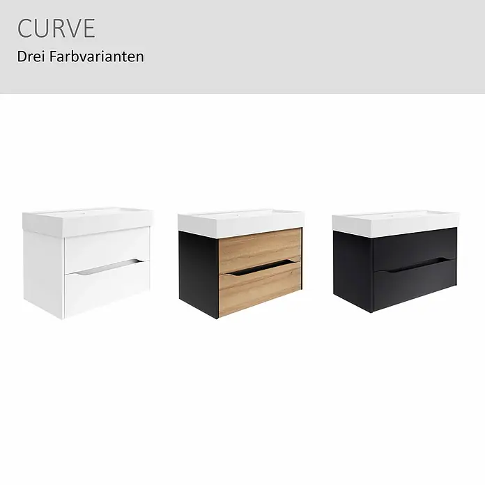 Camargue Curve Waschtischunterschrank - B x T x H: 80 x 44,7 x 50,7 cm, Schwarz - Drei wandhängende Badmöbel mit weißen Waschbecken: weiß, schwarz mit Holzschubladen und komplett schwarz.