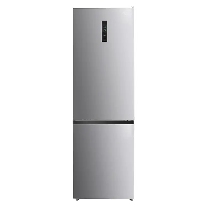 PKM Kühl-Gefrierkombination KG314ENFMCIX - Nutzinhalt Gesamt: 310 l, 62,5 x 59,5 x 184,3 cm, Inox-Design - Silberner Kühlschrank mit Gefrierfach unten und schwarzem Digitaldisplay.