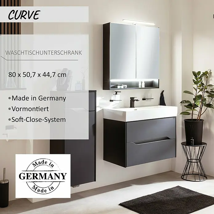 Camargue Curve Waschtischunterschrank - B x T x H: 80 x 44,7 x 50,7 cm, Schwarz - Dunkelgrauer Waschtischunterschrank mit zwei Schubladen, integriertem Waschbecken und schwarzer Armatur im modernen Badezimmer.