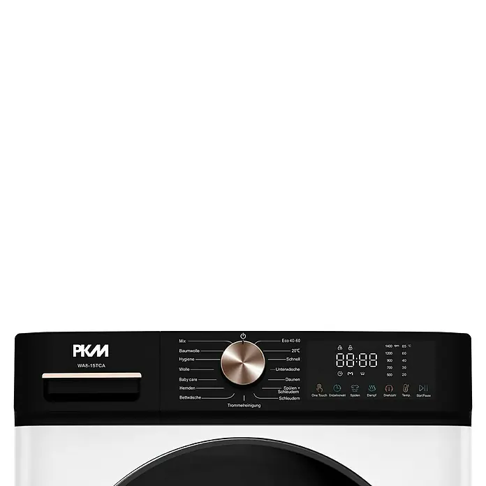 PKM Waschmaschine WA8-15TCA - Max. Ladegewicht: 8 kg, Anzahl Programme: 15 Stk., Weiß - Schwarzes Waschmaschinen-Bedienfeld mit roségoldenem Drehknopf, Digitalanzeige 88:88 und verschiedenen Waschprogrammen und Funktionstasten.
