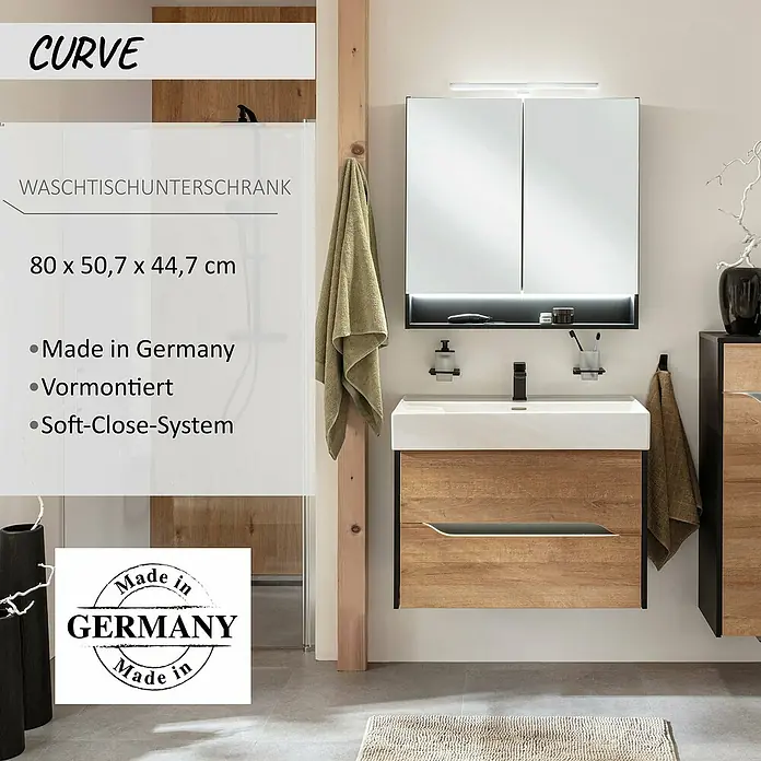 Camargue Curve Waschtischunterschrank - B x T x H: 80 x 44,7 x 50,7 cm, Berg Eiche/Schwarz - Waschtischunterschrank in Holzoptik mit weißem Waschbecken und schwarzen Akzenten, inklusive passendem Spiegelschrank.