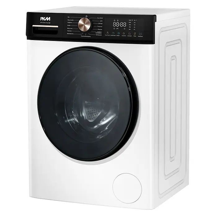 PKM Waschtrockner WT10+6-TC-AD - Max. Ladegewicht: 10 kg, Anzahl Programme: 15 Stk., Weiß - Moderne weiße Waschmaschine mit schwarzem Bedienfeld, roségoldenem Drehknopf und Digitalanzeige.
