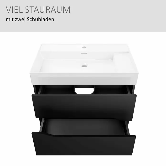 Camargue Curve Waschtischunterschrank - B x T x H: 80 x 44,7 x 50,7 cm, Schwarz - Weißes Keramikwaschbecken auf schwarzem Waschtischunterschrank mit zwei Schubladen, geöffnet für Stauraum.