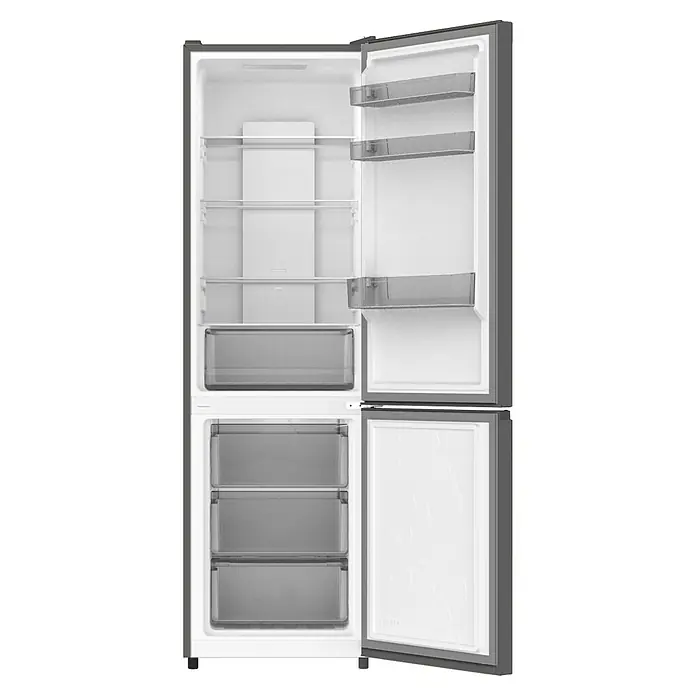 PKM Kühl-Gefrierkombination KG314ENFMCIX - Nutzinhalt Gesamt: 310 l, 62,5 x 59,5 x 184,3 cm, Inox-Design - Offener grauer Kühlschrank mit weißem Innenraum, mit transparenten Ablagen und Gefrierschubladen.
