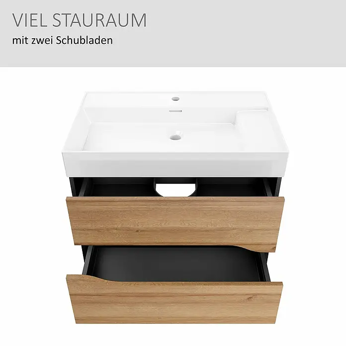 Camargue Curve Waschtischunterschrank - B x T x H: 80 x 44,7 x 50,7 cm, Berg Eiche/Schwarz - Weißer Waschtischunterschrank mit zwei teilweise geöffneten Schubladen in Holzoptik, zeigt viel Stauraum.