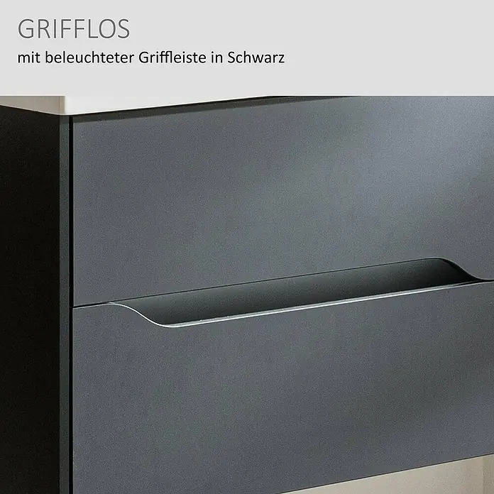 Camargue Curve Waschtischunterschrank - B x T x H: 80 x 44,7 x 50,7 cm, Schwarz - Griffloser Schubladenschrank mit beleuchteter schwarzer Griffleiste.