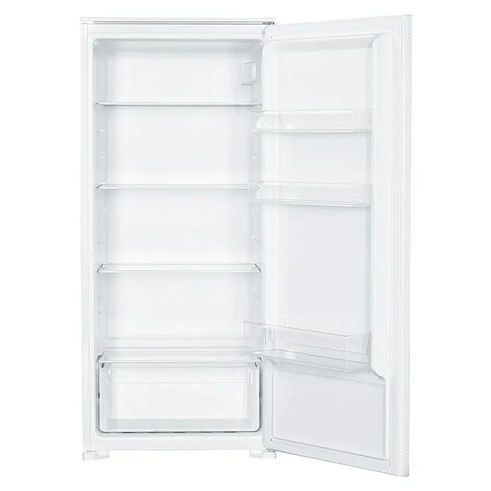 PKM Vollraumkühlschrank KS215.0EEB2 - Nutzinhalt Gesamt: 401 l, 54 x 54 x 123 cm, Weiß - Weißer Kühlschrank mit offener Tür, leere Ablagen und Gemüseschublade.