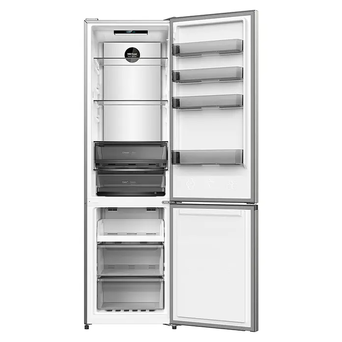Wolkenstein Kühl-Gefrierkombination WKG405ANFIX - 405 l, 66 x 59,9 x 200 cm, Inox-Design - Offener, silberner Kühl-Gefrier-Kombination mit weißem Innenraum, LED-Licht, No Frost-Panel, Glasböden und transparenten Schubladen.