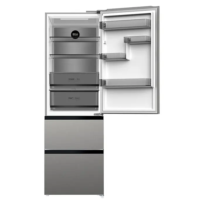 Wolkenstein Kühl-Gefrierkombination WFD400ENFDDIX - 63,8 x 60 x 190,8 cm, Nutzinhalt Gesamt: 401 l, Dark Inox Design - Offener Kühlschrank mit metallicgrauer Oberfläche, der transparente Innenablagen und Schubladen zeigt.