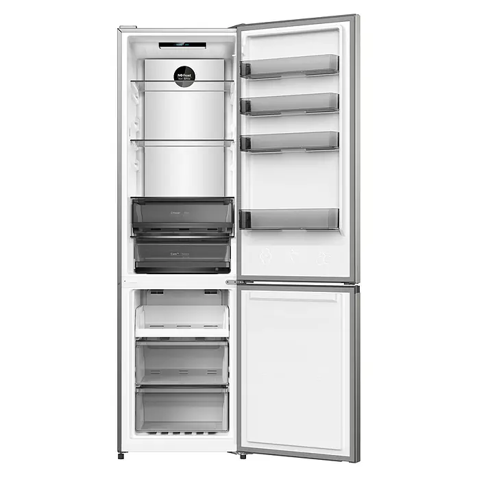 Wolkenstein Kühl-Gefrierkombination WKG405ANFDIX - Nutzinhalt Gesamt: 405 l, 66 x 59,5 x 200 cm, Dark Inox Design - Offene silber-graue Kühl-Gefrier-Kombination mit Glasböden, transparenten Türfächern und beschrifteten Schubladen 'Crisper Box' und 'Care+ Space' im Innenraum.