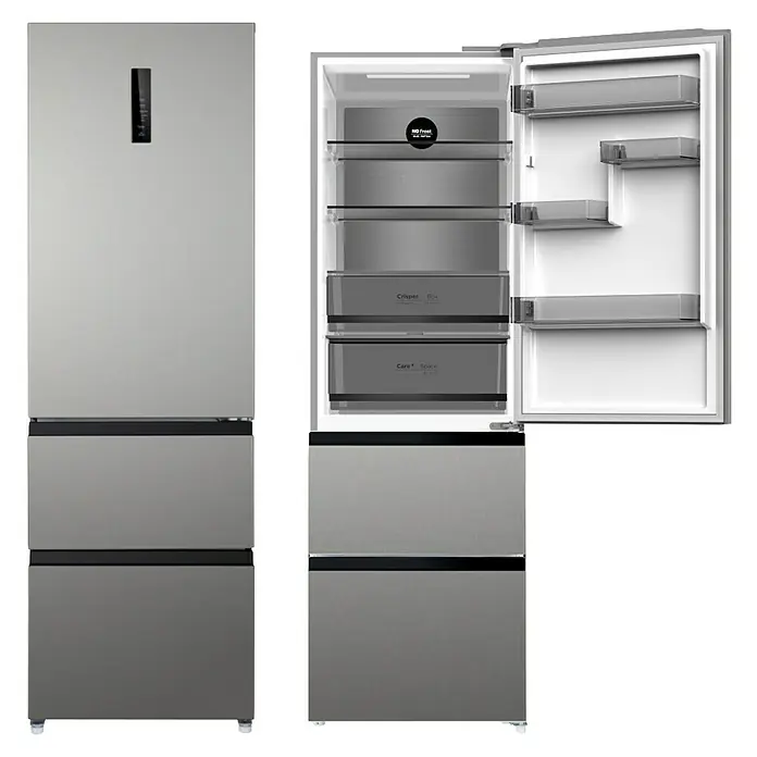 Wolkenstein Kühl-Gefrierkombination WFD400ENFDDIX - 63,8 x 60 x 190,8 cm, Nutzinhalt Gesamt: 401 l, Dark Inox Design - Ein schlanker, metallic-grauer Mehrtürer-Kühlschrank, geschlossen und mit geöffnetem oberen Fach, das Regale und Schubladen zeigt.