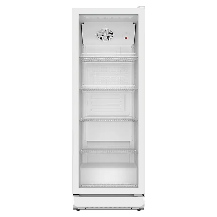 PKM Getränkekühlschrank GKS168W - 57,5 x 59,5 x 169,5 cm, Weiß - Leerer, weißer Verkaufsdisplay-Kühlschrank mit Drahtregalen, internem Ventilator und LED-Beleuchtung.