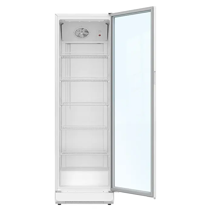 PKM Getränkekühlschrank GKS168W - 57,5 x 59,5 x 169,5 cm, Weiß - Leerer weißer gewerblicher Display-Kühlschrank mit offener Glastür, Drahtregalen und Lüftereinheit im Inneren.