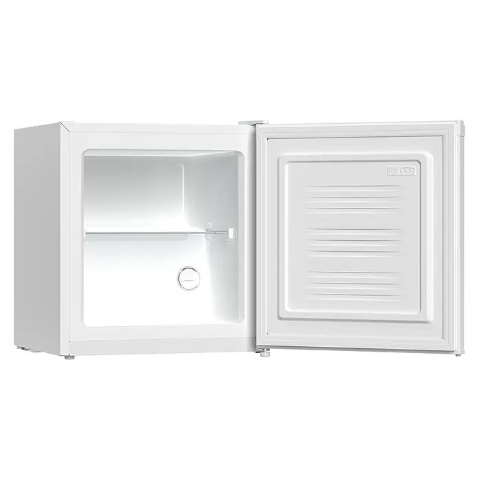 PKM Tiefkühlschrank GB32E - Nutzinhalt Gesamt: 32 l, 45,5 x 45,3 x 50,3 cm, Weiß - Weißer Mini-Kühlschrank mit offener Tür, der das Hauptfach mit einem Regal und ein kleines Gefrierfach im Inneren zeigt.