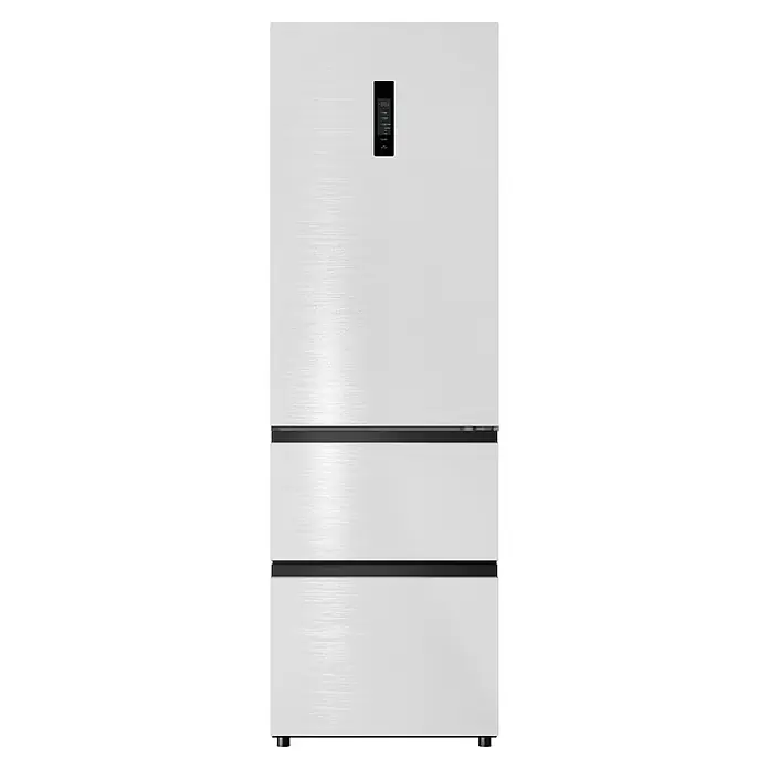 Wolkenstein Kühl-Gefrierkombination WFD400ENFDWB - 63,8 x 60 x 190,8 cm, Nutzinhalt Gesamt: 401 l, Weiß - Weißer gebürsteter Kühlschrank mit digitalem Bedienfeld und Gefrierfach unten.
