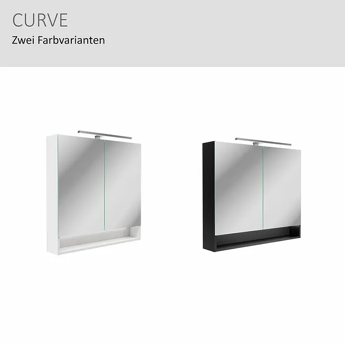 Camargue Curve LED-Spiegelschrank - B x H: 80 x 79,8 cm, Weiß - Zwei Curve Spiegelschränke, weiß und schwarz, mit integrierter Beleuchtung und offenem Regal für das Badezimmer.