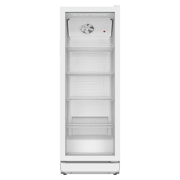 PKM Getränkekühlschrank GKS168W - 57,5 x 59,5 x 169,5 cm, Weiß - Weißer gewerblicher Kühlschrankinnenraum mit mehreren Drahtgitterböden, Ventilator und Temperaturregler.