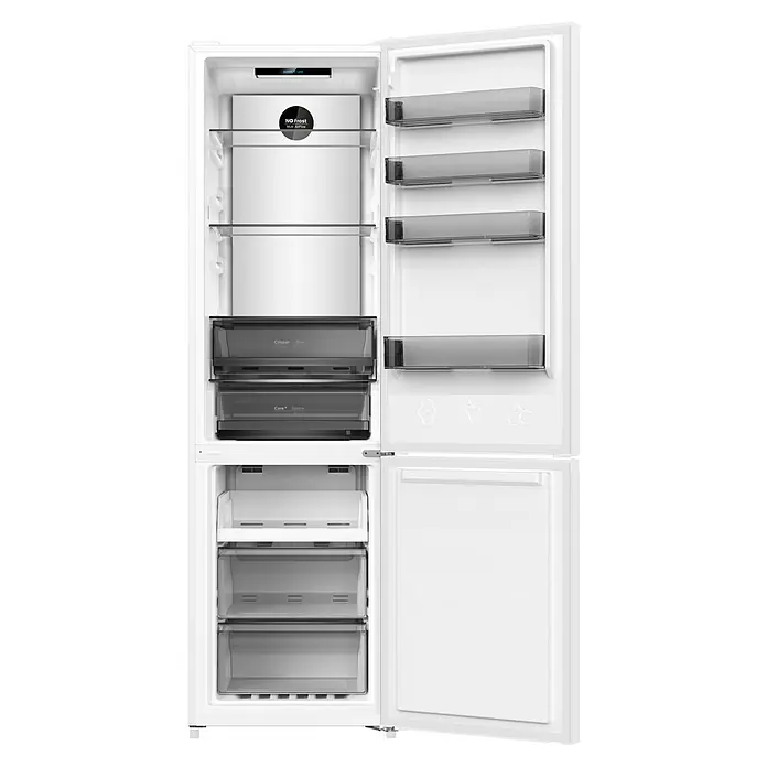 Wolkenstein Kühl-Gefrierkombination WKG405ANFW - 405 l, 66 x 59,5 x 200 cm, Weiß - Offene weiße Kühl-Gefrierkombination mit transparenten Glasablagen, zwei Gemüseschubladen und drei Gefrierschubladen.