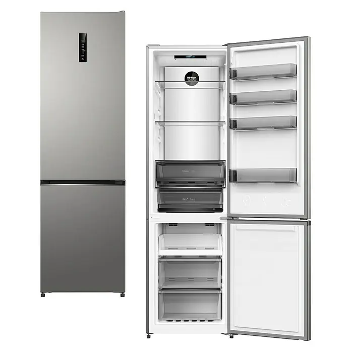 Wolkenstein Kühl-Gefrierkombination WKG405ANFDIX - Nutzinhalt Gesamt: 405 l, 66 x 59,5 x 200 cm, Dark Inox Design - Silber-grauer Kühlschrank geschlossen und mit geöffneten Türen, die Kühl- und Gefrierfächer mit Einlegeböden und Schubladen zeigen.