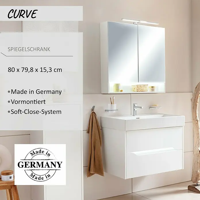Camargue Curve LED-Spiegelschrank - B x H: 80 x 79,8 cm, Weiß - Weißer Badunterschrank mit Waschbecken und passendem beleuchteten Spiegelschrank.