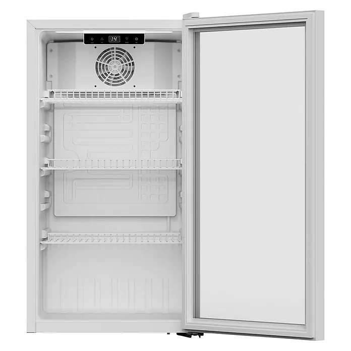 PKM Getränkekühlschrank GKS83W - 47 x 44,5 x 83 cm, Weiß - Offener weißer Minikühlschrank mit Einlegeböden, Ventilator und digitaler Temperaturanzeige von 8,4 Grad Celsius.