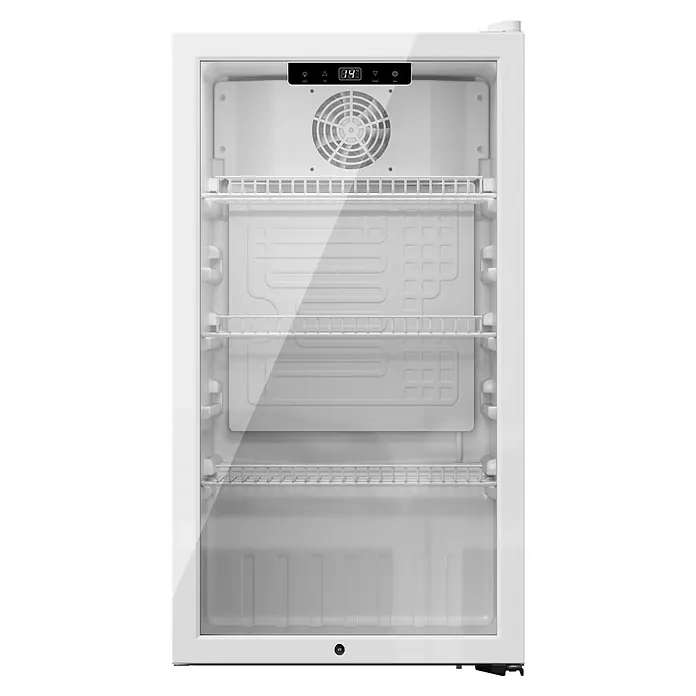 PKM Getränkekühlschrank GKS83W - 47 x 44,5 x 83 cm, Weiß - Weißer Minikühlschrank mit Glastür, Digitalanzeige, Innenlüfter und Drahtablagen.