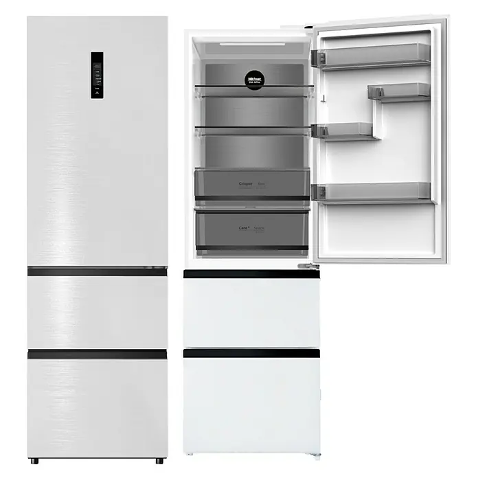 Wolkenstein Kühl-Gefrierkombination WFD400ENFDWB - 63,8 x 60 x 190,8 cm, Nutzinhalt Gesamt: 401 l, Weiß - Weißer zweitüriger Kühlschrank mit geöffneter oberer Tür, die Regale, einen Gemüsebehälter und 'Care+ Space' Schubladen zeigt.