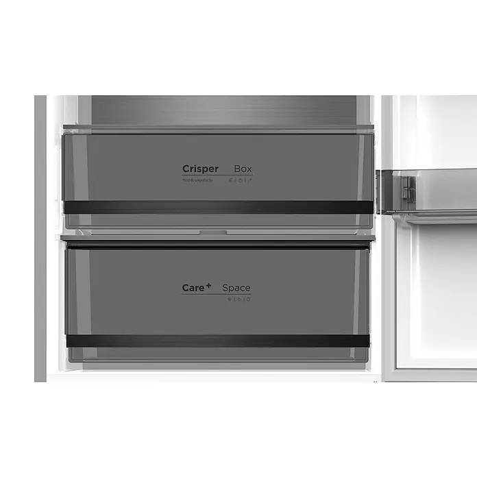 Wolkenstein Kühl-Gefrierkombination WFD400ENFDDIX - 63,8 x 60 x 190,8 cm, Nutzinhalt Gesamt: 401 l, Dark Inox Design - Zwei transparente, dunkelgraue Kühlschubladen; eine als "Crisper Box" für Obst & Gemüse, die andere als "Care+ Space" beschriftet.