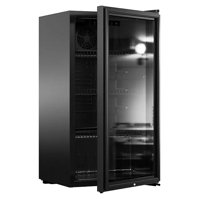 PKM Getränkekühlschrank GKS83B - 47 x 44,5 x 83 cm, Schwarz - Schwarzer Getränkekühlschrank mit offener Glastür, mit Innenregalen und Ventilator.