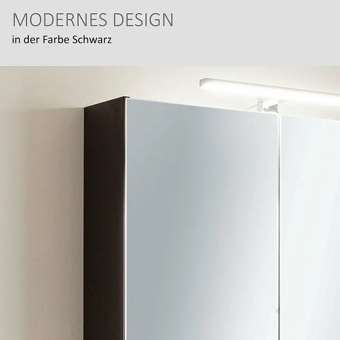 Camargue Curve LED-Spiegelschrank - B x H: 80 x 79,8 cm, Schwarz - Moderner Spiegelschrank mit schwarzen Seiten und hellen Spiegeltüren, beleuchtet von einer integrierten LED-Leiste.