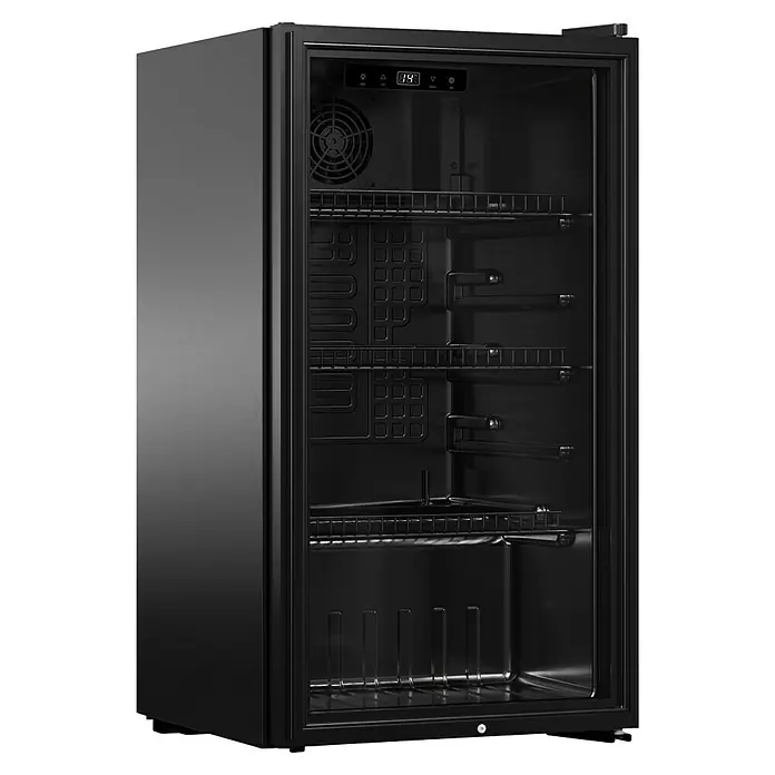 PKM Getränkekühlschrank GKS83B - 47 x 44,5 x 83 cm, Schwarz - Schwarzer Getränkekühler mit Glastür, Digitalanzeige '14°C', Innenlüfter und Metallregalen.
