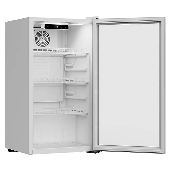 PKM Getränkekühlschrank GKS83W - 47 x 44,5 x 83 cm, Weiß - Weißer offener Minikühlschrank mit Einlegeböden, internem Ventilator und digitaler Temperaturanzeige.