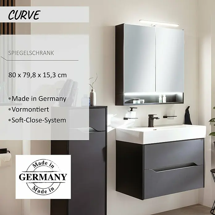 Camargue Curve LED-Spiegelschrank - B x H: 80 x 79,8 cm, Schwarz - Dunkelgrauer Spiegelschrank mit zwei Spiegeltüren, integrierter Beleuchtung und Ablagefach. Vormontiert, 80x79,8x15,3 cm.