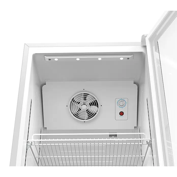 PKM Getränkekühlschrank GKS168W - 57,5 x 59,5 x 169,5 cm, Weiß - Weißer Gefrierschrank innen mit Ventilator, Temperaturregler, rotem Knopf und Drahtkorb.