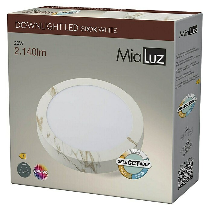 Alverlamp Foco downlight de superficie LED Mármol (20 W, Ø x Al: 22 cm x 32 mm, Blanco cálido, Temperatura del color: 3.000 K - 6.000 K) | BAUHAUS