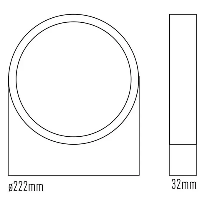 Alverlamp Foco downlight de superficie LED Mármol - 20 W, Ø x Al: 22 cm x 32 mm, Blanco cálido, Temperatura del color: 3.000 K - 6.000 K - Dibujo técnico de un accesorio redondo, 222mm de diámetro y 32mm de altura. Vistas superior y lateral.
