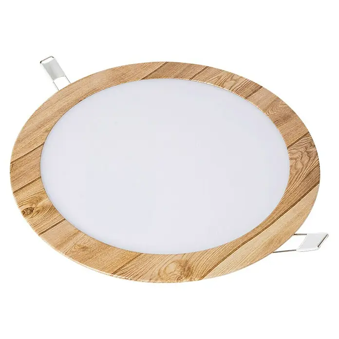 Alverlamp Downlight empotrable LED redondo Nordic - 20 W, Madera, Ø x Al: 22 cm x 15 mm, CCT - Panel LED ovalado con marco efecto madera clara y difusor blanco, con clips de montaje plateados.