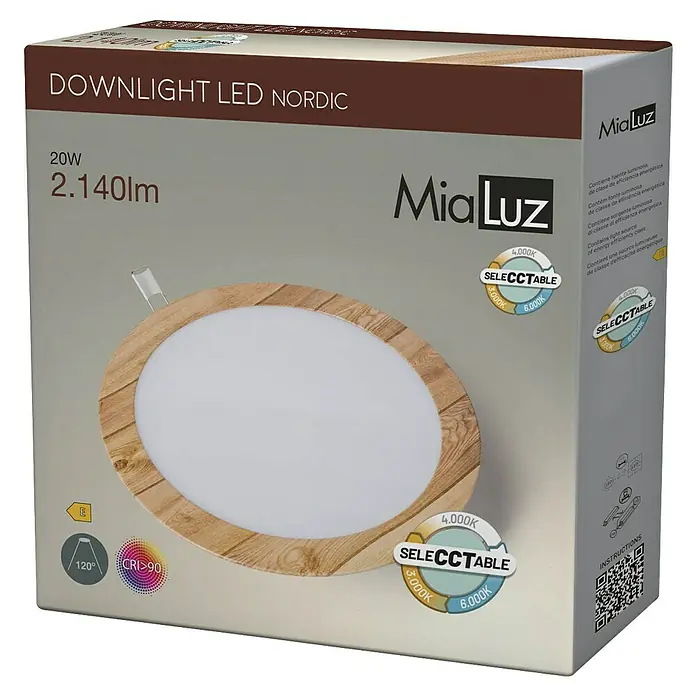 Alverlamp Downlight empotrable LED redondo Nordic - 20 W, Madera, Ø x Al: 22 cm x 15 mm, CCT - Downlight LED redondo con marco efecto madera clara y difusor blanco, con temperatura de color seleccionable.