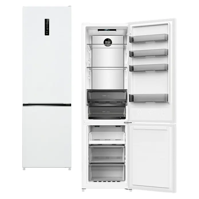 Wolkenstein Kühl-Gefrierkombination WKG405ANFW - 405 l, 66 x 59,5 x 200 cm, Weiß - Weißer Kühl-Gefrierschrank mit offenen Türen, zeigt transparente Ablagen und Schubladen.