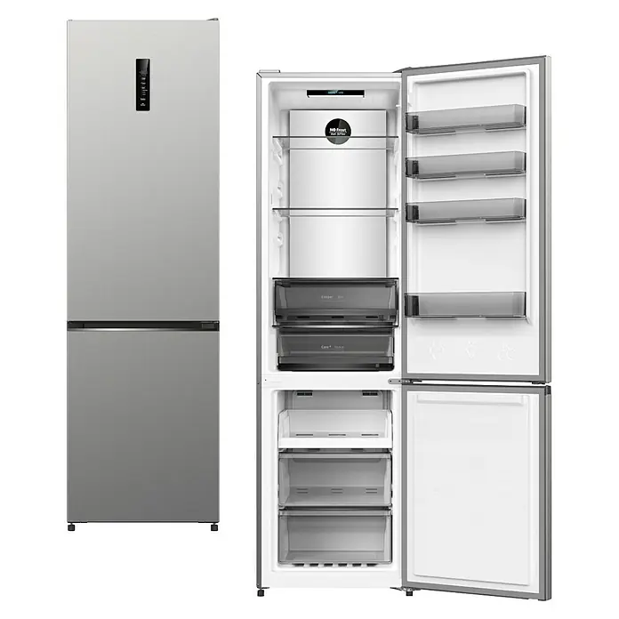 Wolkenstein Kühl-Gefrierkombination WKG405ANFIX - 405 l, 66 x 59,9 x 200 cm, Inox-Design - Silber-grauer zweitüriger Kühlschrank, geschlossen und geöffnet mit sichtbarem Innenraum, Regalen und Schubladen.