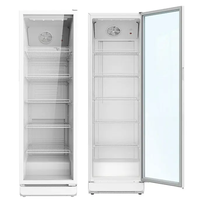 PKM Getränkekühlschrank GKS168W - 57,5 x 59,5 x 169,5 cm, Weiß - Weißer gewerblicher Kühlschrank mit Glastür, internem Ventilator und Drahtablagen, geschlossen und offen gezeigt.