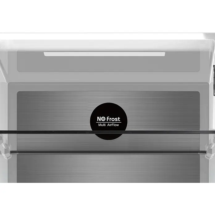 Wolkenstein Kühl-Gefrierkombination WFD400ENFDDIX - 63,8 x 60 x 190,8 cm, Nutzinhalt Gesamt: 401 l, Dark Inox Design - Kühlschrankinnenraum mit „No Frost Multi AirFlow“-Etikett, das fortschrittliche Kühltechnologie hervorhebt.