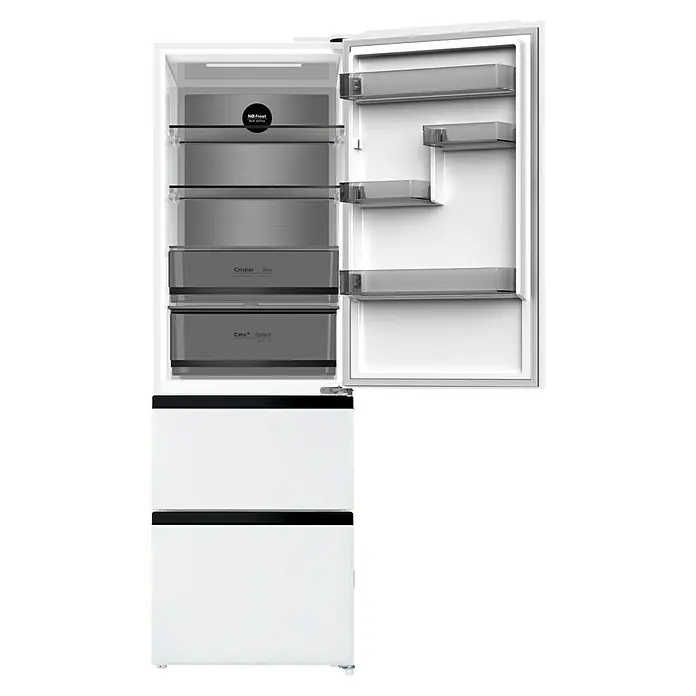 Wolkenstein Kühl-Gefrierkombination WFD400ENFDWB - 63,8 x 60 x 190,8 cm, Nutzinhalt Gesamt: 401 l, Weiß - Weißer Kühlschrank mit offener oberer Tür, klaren Ablagen, zwei grauen Frischefächern und 'No Frost Multi Air-flow' Beschriftung. Unten sind die Gefrierfächer geschlossen.