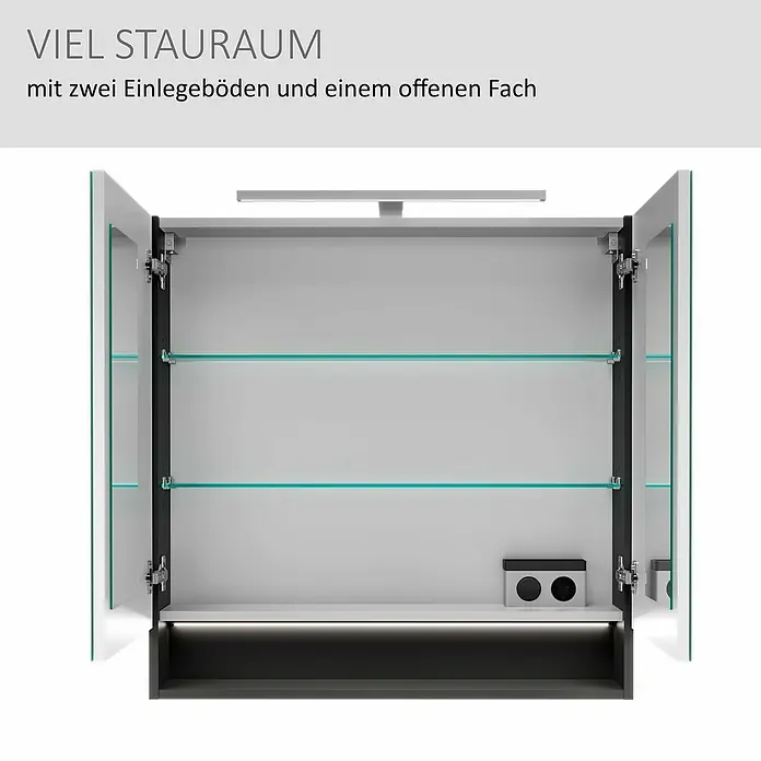 Camargue Curve LED-Spiegelschrank - B x H: 80 x 79,8 cm, Schwarz - Offener Badezimmerspiegelschrank mit zwei Glasböden, einem offenen Fach mit Steckdosen und integrierter Beleuchtung.