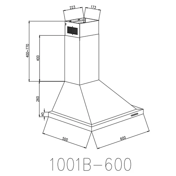 PKM Kaminhaube 6090V - Breite: 60 mm, Max. Gebläseleistung Abluftbetrieb: 355 m³/h, Edelstahl - Technische Zeichnung einer Dunstabzugshaube aus Metall mit Maßen, die den Abzugsschacht, den sich verjüngenden Körper und das Bedienfeld zeigt.