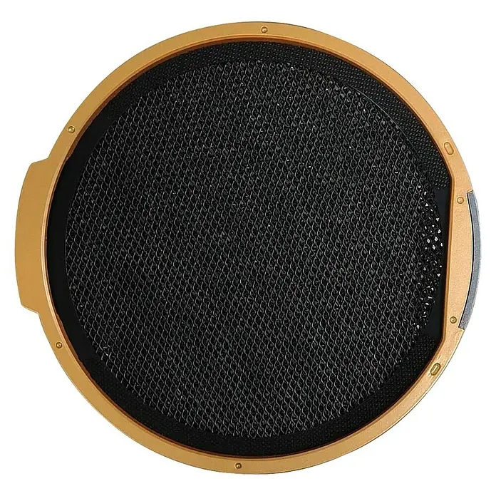 Wolkenstein Aktivkohlefilter THKF-1W - Passend für: Tisch Dunstabzugshaube WTH3- 2 - Rundes goldumrandetes Foto-Gitter mit schwarzem Wabenmuster.