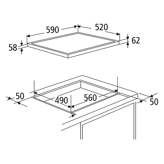 PKM Kochfeld IF4BG - L x B: 52 x 59 cm, Anzahl Induktionskochstellen: 4 Stk. - Technische Zeichnung eines Kochfelds mit Gesamtmaßen (590x520x62mm) und Ausschnittmaßen (560x490mm) für die Installation.