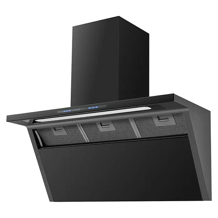 Wolkenstein Schräghaube WS55-90A++G - Breite: 89,8 cm, Max. Gebläseleistung Abluftbetrieb: 558 m³/h, Schwarz - Schwarze Wand-Dunstabzugshaube mit beleuchteten Bedienelementen und Metallfiltern.