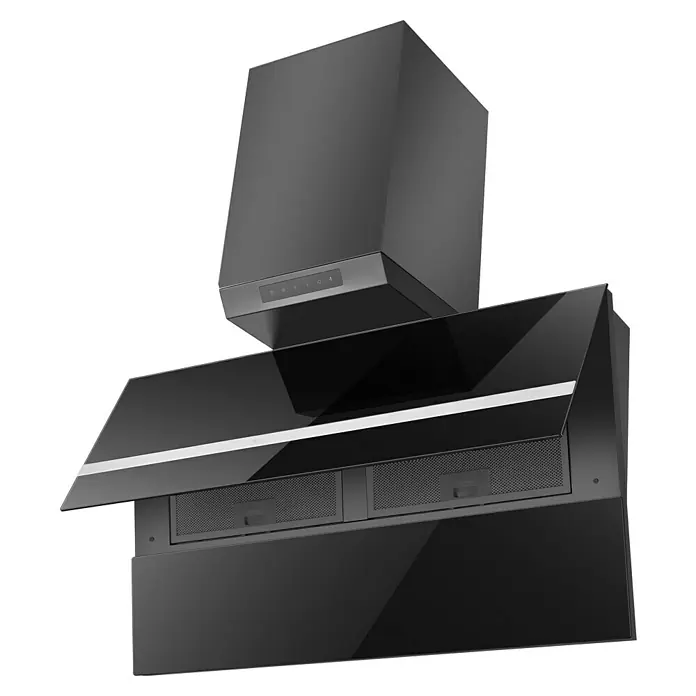 Wolkenstein Schräghaube WS49-90B - Breite: 89,6 cm, Max. Gebläseleistung Abluftbetrieb: 513,6 m³/h, Schwarz - Elegante schwarze Dunstabzugshaube mit geneigter Glasfront, Bedienelementen und Metallfiltern.