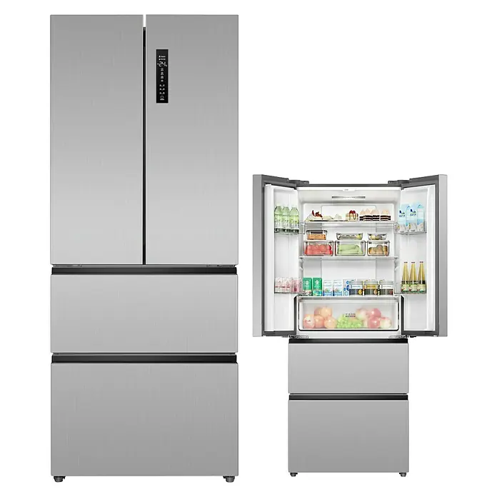 PKM Kühl-Gefrierkombination FD403ENFDIX - Nutzinhalt Gesamt: 403 l, 67,7 x 70,3 x 176,5 cm, Inox-Design - Silberner Mehrtürer-Kühlschrank, geschlossen und offen mit organisiertem Innenraum und Lebensmitteln.